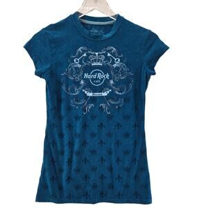 Hard Rock Cafe T-Shirt Womens Small Memphis Blue All Over Print Rock Couture